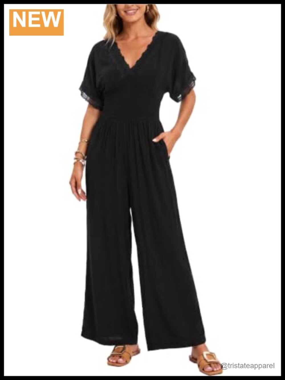 CUPSHE Lace Trim Wide Leg Jumpsuit V Neck Smocked Waist